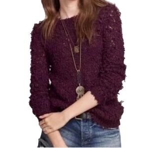 Free People September Song Pullover Open Knit Marled Yarn Wool Blend in Eggplant